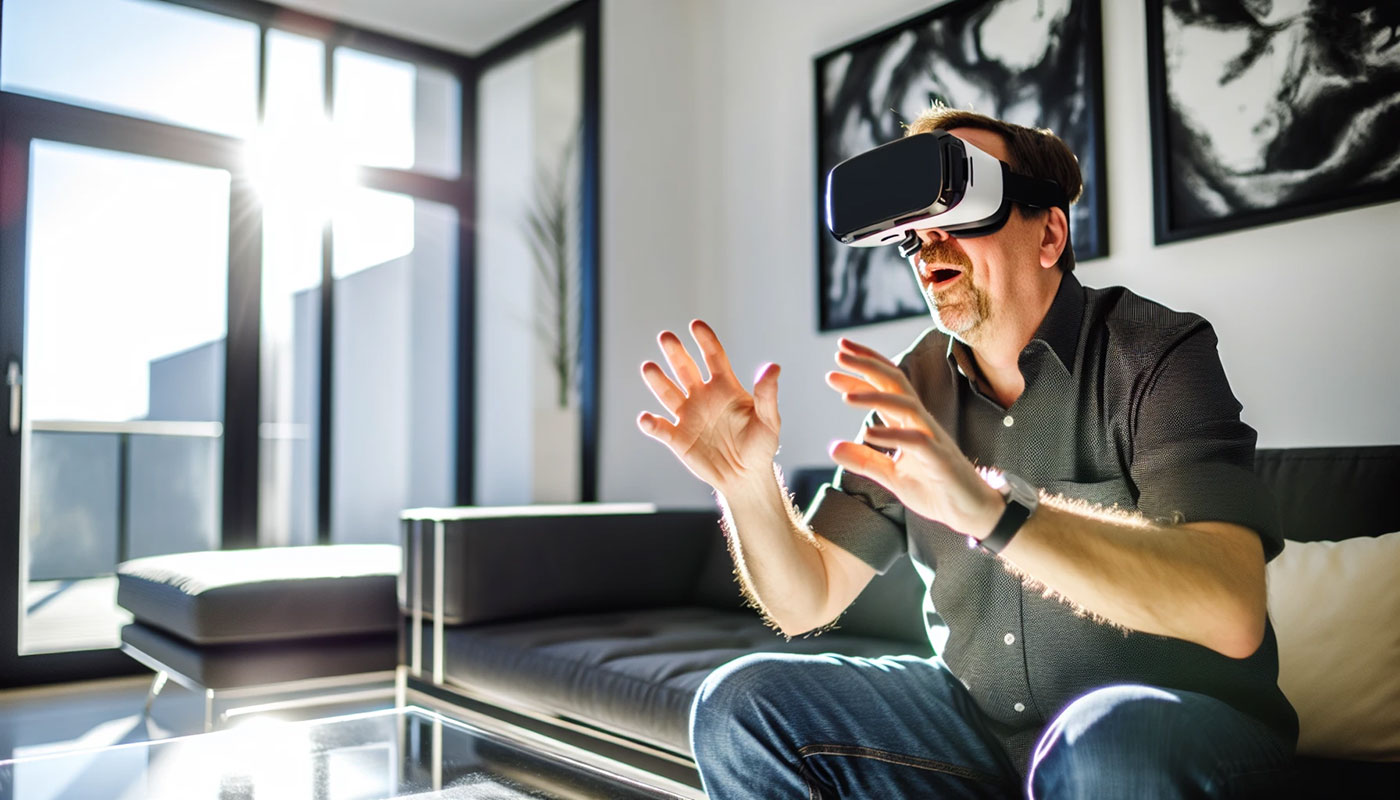 A person using a virtual reality headset to explore a virtual tour of a home