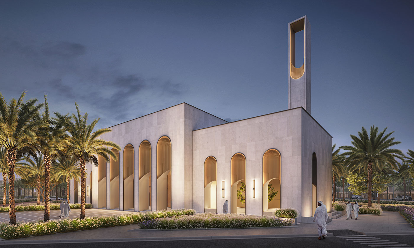 Exterior rendering of a Mosque in Dubai