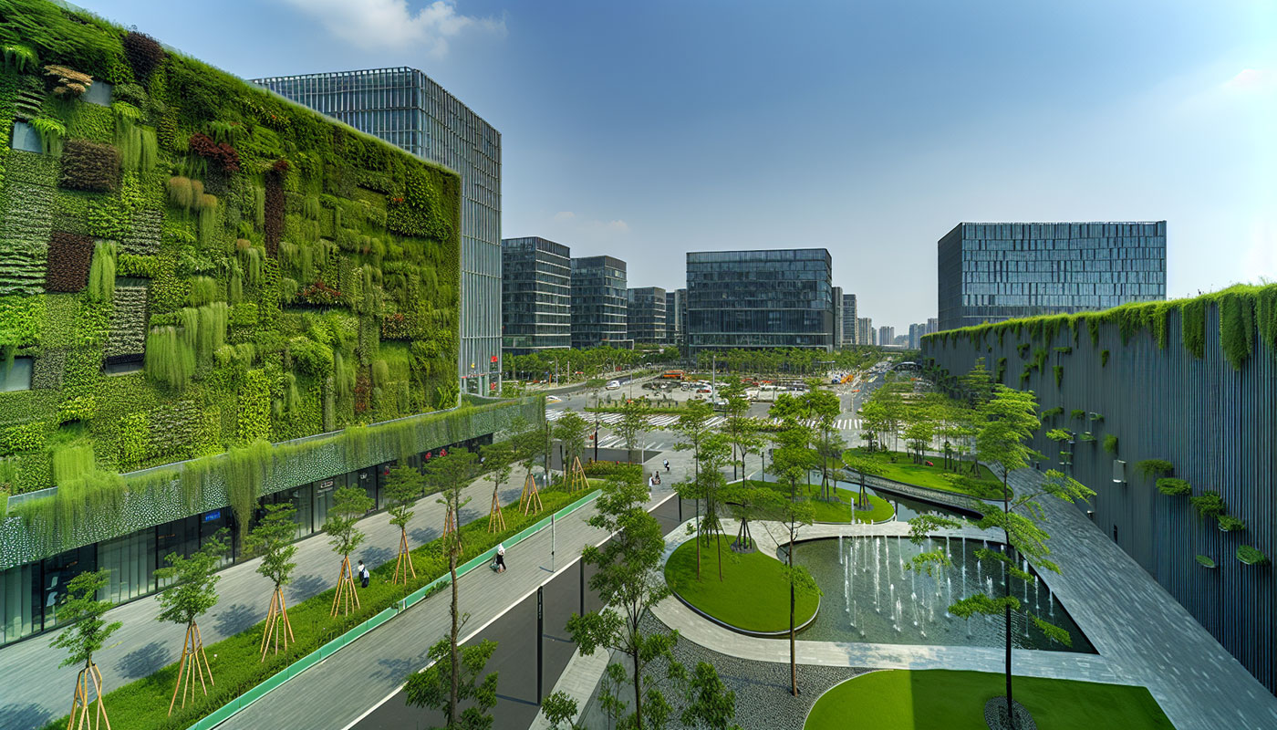 Urban area with biophilic design features promoting well-being and reducing stress