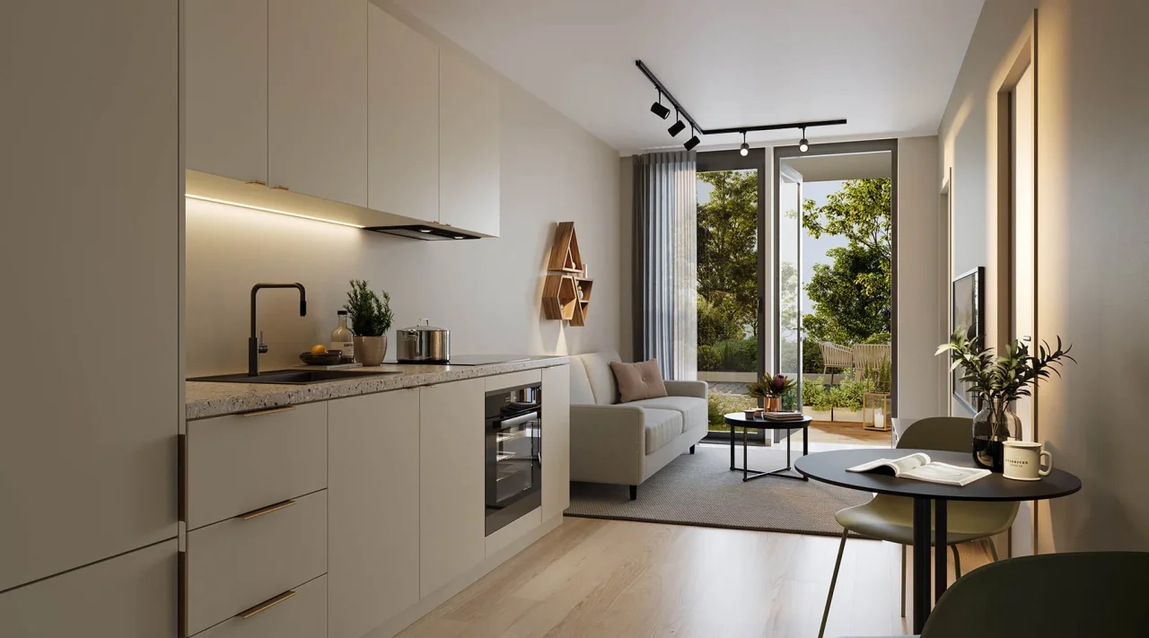 CGI of kitchen looking out on a patio.